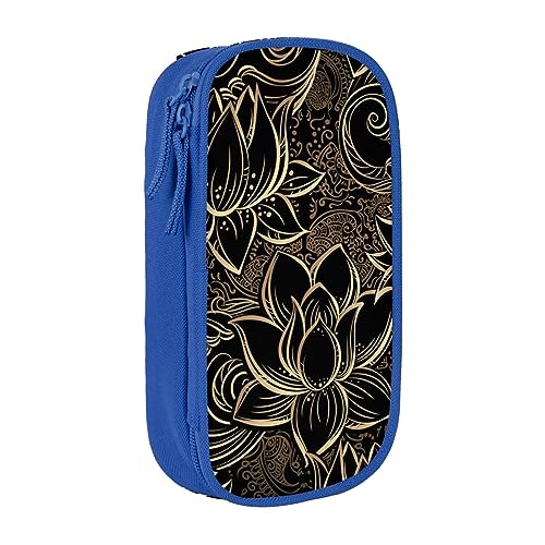 AABSTBFM Boho Gold Lotus Blumen Federmäppchen Große Kapazität Fach Bleistift Stift Tasche Tasche mit Reißverschluss - Ideales Geschenk für Schule, Büro und Reisen, Schwarz, blau, Einheitsgröße, von AABSTBFM