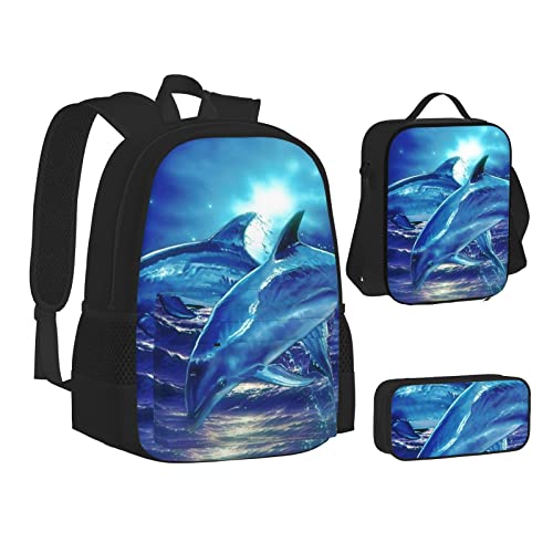 AABSTBFM Mädchen Tanzschmetterling Schule Büchertaschen Set mit Mittagessen Tasche Federmäppchen Reise Laptop Rucksack Schultasche 3-teiliges Set, Blue Ocean Delphin, Einheitsgröße, Schulrucksack von AABSTBFM