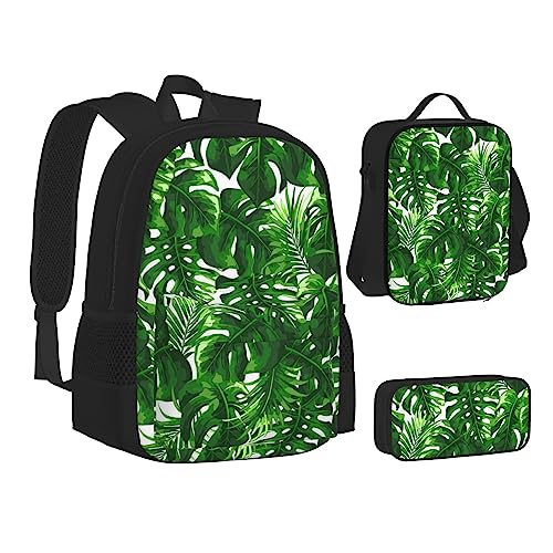 AABSTBFM Mädchen Tanzschmetterling Schule Büchertaschen Set mit Mittagessen Tasche Federmäppchen Reise Laptop Rucksack Schultasche 3-teiliges Set, Monstera Deliciosa Bananenpalme, Einheitsgröße, Schulrucksack von AABSTBFM