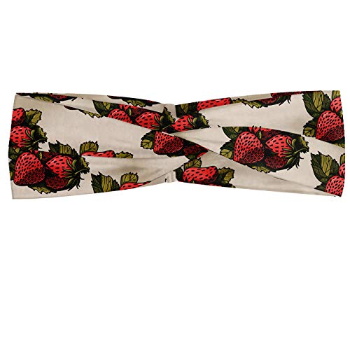 ABAKUHAUS Erdbeere Halstuch Bandana Kopftuch, Hand gezeichnete Frucht-Muster mit Frischen Blättern Sommer Arrangements, Elastisch und Angenehme alltags accessories, Dunkler Coral Gelb Grün von ABAKUHAUS