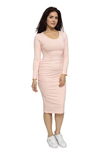 ABAKUHAUS Gerüschtes Bodycon Langarm Sommerkleid für Damen, XL, Hell Rosa von ABAKUHAUS