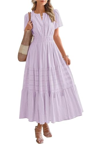ABETOS Damen Maxikleid Sommer Lange Boho V-Ausschnitt Baumwolle Kurzarm Taschen Gummizug Taille Rüschen Einfarbig Elegant Strandkleid, Helllila XL ABETOS Damen Maxikleid Sommer Lange Boho V-Ausschnitt Baumwolle Kurzarm Taschen Gummizug Taille Rüschen Einfarbig Elegant Strandkleid, Helllila XL von ABETOS