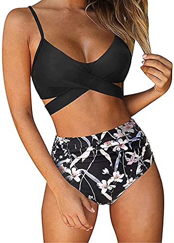 ABINGOO Damen Bikini Set Cross-Over Badeanzug High Waist Bademode Blumenmuster Wickel Bikinihose Tiefer V Ausschnitt Sportlich Zweiteiliger Strandbikini(Schwarz-3,L). von ABINGOO