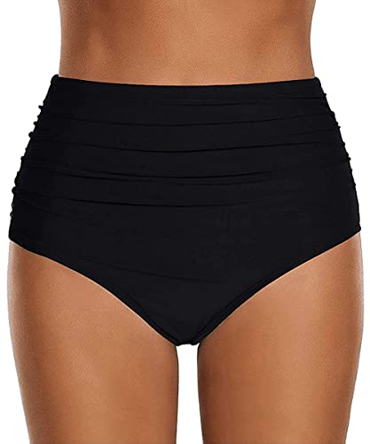 ABINGOO Damen Bikinihose Badeanzug Elastischer Bauchweg High Waist Schwarz Strand Badeshorts Abdominal Ruched Klassische Badehose von ABINGOO