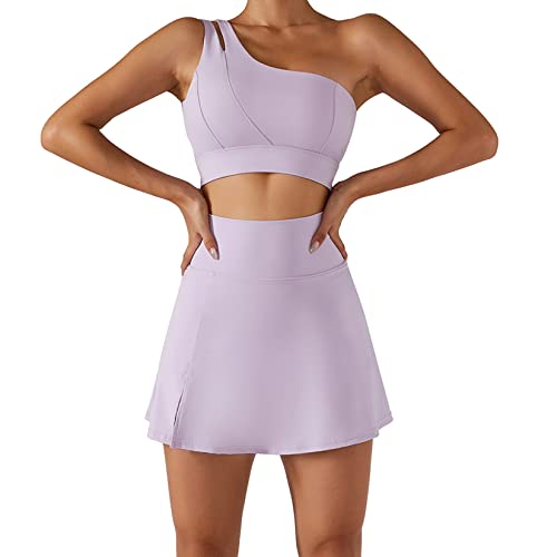 Damen Tennisröcke Sport BH Sets Hohe Taille Golf Skorts Rock One Shoulder Sport BH Laufen Workout Activewear, Flieder, Klein von ABOCIW