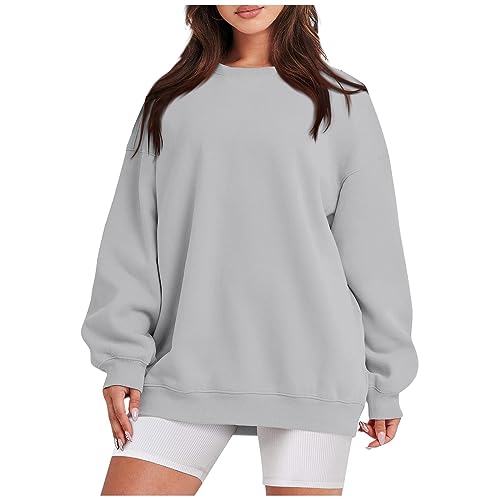 ABRTJCL Damen Sweatshirt Pullover ohne Kapuze Basic Langarmshirt Top Rundhals Sweater Damen Sweatshirt Pullover Langarm Einfarbig Pullover Winter Freizeit Sweatpullover Damen grau M von ABRTJCL