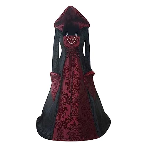 ABRTJCL Mittelalter Kleidung Damen Gothic Kleid Damen Lang mit Kapuze Übergröße Vintage Trompetenärmel Maxikleider Renaissance Party Festlich Cosplay Kleid Karneval Halloween Kostüm Rot XL von ABRTJCL