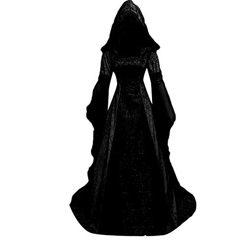 ABRTJCL Mittelalter Kleidung Damen Gothic Kleid Damen Lang mit Kapuze Übergröße Vintage Trompetenärmel Maxikleider Renaissance Party Festlich Cosplay Kleid Karneval Halloween Kostüm Schwarz 5XL von ABRTJCL