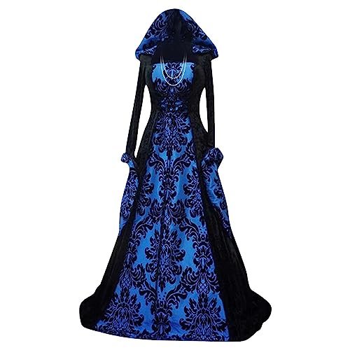 ABRTJCL Mittelalter Kleidung Damen Gothic Kleid Damen Lang mit Kapuze Übergröße Vintage Trompetenärmel Maxikleider Renaissance Party Festlich Cosplay Kleid Karneval Halloween Kostüm blau 4XL von ABRTJCL