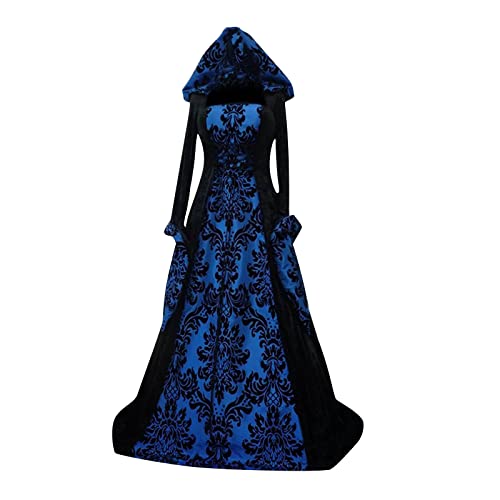 ABRTJCL Mittelalter Kleidung Damen Gothic Kleid Damen Lang mit Kapuze Übergröße Vintage Trompetenärmel Maxikleider Renaissance Party Festlich Cosplay Kleid Karneval Halloween Kostüm blau L von ABRTJCL