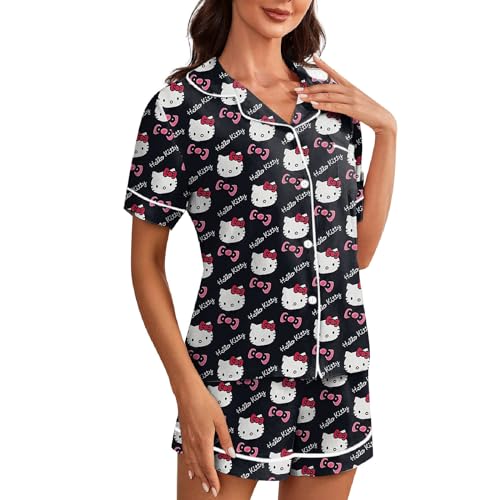 ABRTJCL Schlafanzüge für Damen Lustiger Schlafanzug Damen Kurz Pyjama Damen Set Kurz Sommer Schlafanzug Damen Kurz Loungewear Damen Anime Pajamas Schlafanzug Damen Kurz Süß Schwarz 2XL von ABRTJCL