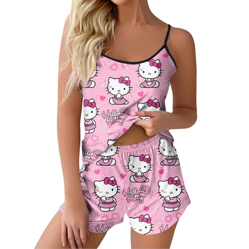 ABRTJCL Schlafanzüge für Damen Schlafanzug Damen Kurzarm Set Schlafanzug Damen Kurz Set träger Süßer Schlafanzug Damen Kurz Kuschel Pyjama Anime Schlafanzug Rosa 2XL von ABRTJCL