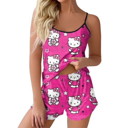 ABRTJCL Schlafanzüge für Damen Schlafanzug Damen Kurzarm Set Schlafanzug Damen Kurz Set träger Süßer Schlafanzug Damen Kurz Kuschel Pyjama Anime Schlafanzug Rosa S von ABRTJCL