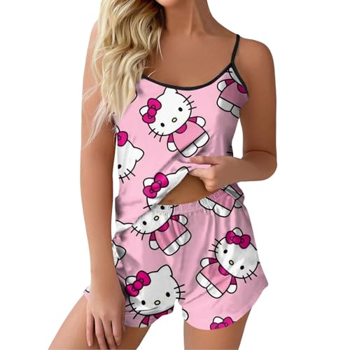 ABRTJCL Schlafanzüge für Damen Schlafanzug Damen Kurzarm Set Schlafanzug Damen Kurz Set träger Süßer Schlafanzug Damen Kurz Kuschel Pyjama Anime Schlafanzug Rot S von ABRTJCL