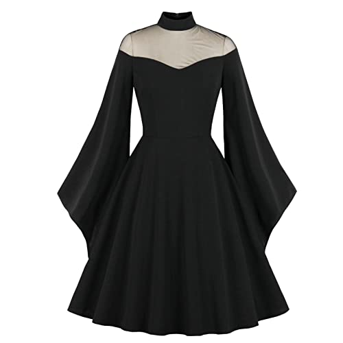 Halloween Kostüm Damen Kleider Gothic Kleid Damen Herbst Kleider Damen Elegant A-Line Swing Cocktail Kleider für Damen Midilang Kleid Vintage Ausgestellte Ärmel Patchwork-Kleider Schwarz L von ABRTJCL