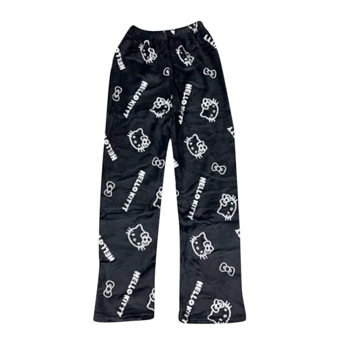 Schlafanzug Damen Hosen Lang Flanell Pyjama Hose Damen Schlafhose Weich Kawaii Pyjamas Bequeme Winter Schlafanzughose Kuschelhose Damen Flauschig Warme Hose Damen Schwarz 2XL von ABRTJCL