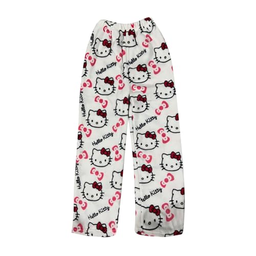 Schlafanzug Damen Hosen Lang Flanell Pyjama Hose Damen Schlafhose Weich Kawaii Pyjamas Bequeme Winter Schlafanzughose Kuschelhose Damen Flauschig Warme Hose Damen Weiß 2XL von ABRTJCL