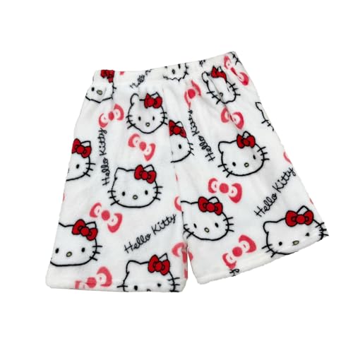 Schlafhose Kurz Damen Schlafanzug Cartoon Katze Flanell Schlafanzughose Kawaii Pyjamahose Weich Schlafanzughosen Sommer Anime Schlafhose Flanell Schlafanzughosen für Damen Rot L von ABRTJCL