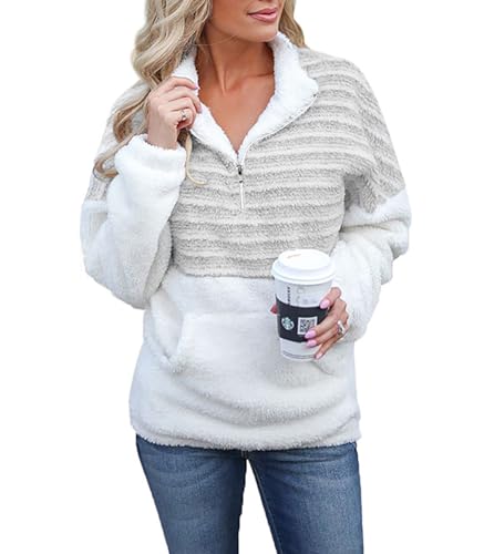 ABYOVRT Pullover Damen Flauschig Teddy-Fleece Weich Warm Oberteil Langarm Casual Oversize Sweatshirt Mit Tasche Zip Oberteile Top für Herbst Winter,Grau,XL von ABYOVRT