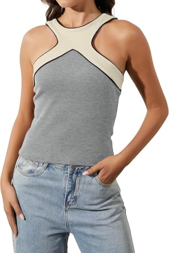 ACCPUR Damen-Tanktop mit Farbblock-Ausschnitt, überkreuztes Neckholder, Y2K, Sommer, sexy, ärmellos, rückenfrei, Hellgrau, Mittel ACCPUR Damen-Tanktop mit Farbblock-Ausschnitt, überkreuztes Neckholder, Y2K, Sommer, sexy, ärmellos, rückenfrei, Hellgrau, Mittel von ACCPUR