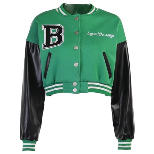 Damen Varsity Jacke Cropped Letterman Baseball Bomberjacke Vintage Y2k Streetwear Mantel, A Green, S von ACEFAST INC