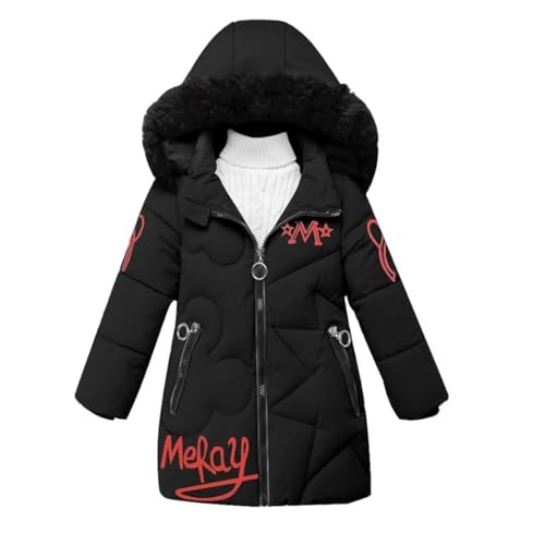 ACMEDE Winterjacke Mädchen Gr. 104 110 116 122 kinder Wintermantel mit Abnehmbarer Fellkapuze 128 164 146 Warme Lang Mantel Kinder Parka Outdoor Jacke mit Buchstaben und niedliche Muster von ACMEDE