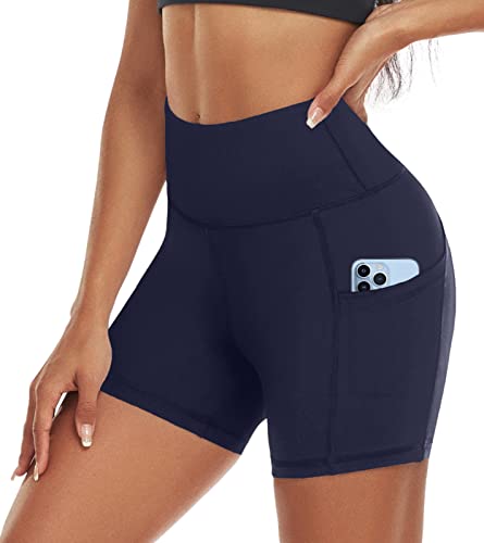 ACTINPUT Radlerhose Damen mit Taschen High Waist Yoga Shorts Kurze Leggings Blickdicht Sporthose Hotpants(Blau，L) von ACTINPUT