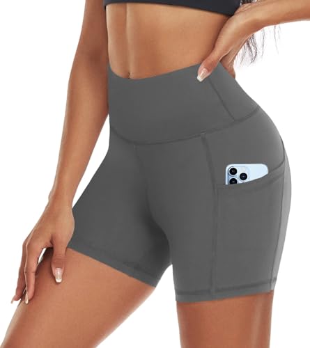 ACTINPUT Radlerhose Damen mit Taschen High Waist Yoga Shorts Kurze Leggings Blickdicht Sporthose Hotpants(Dunkelgrau，L) von ACTINPUT