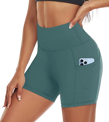 ACTINPUT Radlerhose Damen mit Taschen High Waist Yoga Shorts Kurze Leggings Blickdicht Sporthose Hotpants(Dunkelgrün,L) von ACTINPUT