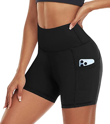 ACTINPUT Radlerhose Damen mit Taschen High Waist Yoga Shorts Kurze Leggings Blickdicht Sporthose Hotpants(Schwarz，L) von ACTINPUT