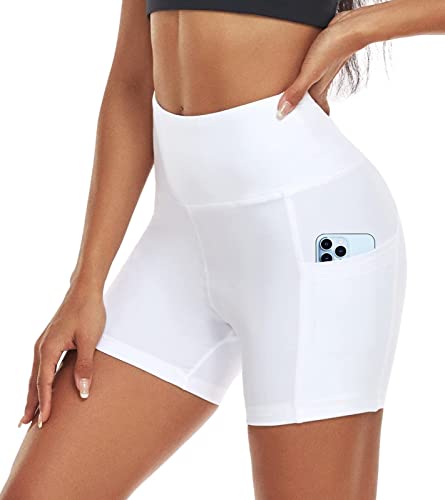 ACTINPUT Radlerhose Damen mit Taschen High Waist Yoga Shorts Kurze Leggings Blickdicht Sporthose Hotpants(Weiß，M) von ACTINPUT