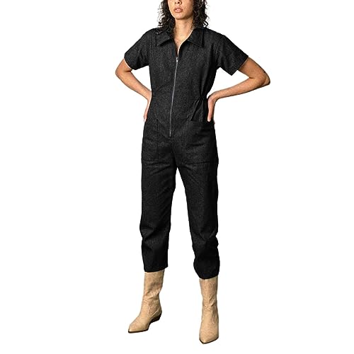 ACemt Ganzkörperanzug Kurzer Utility-Overall für Damen, lässiger Kurzarm-Jumpsuit, Reißverschluss-Outfit mit Taschen Leggings Leopardenmuster (Black, L) von ACemt