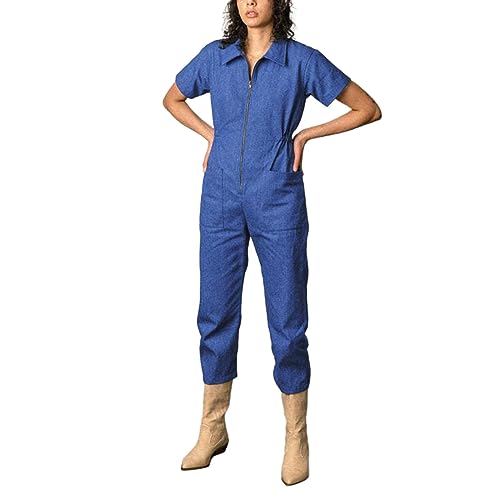 ACemt Ganzkörperanzug Kurzer Utility-Overall für Damen, lässiger Kurzarm-Jumpsuit, Reißverschluss-Outfit mit Taschen Leggings Leopardenmuster (Blue, L) von ACemt