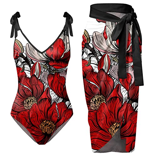 Burkini Damen Damen-Bikini-Sets mit V-Ausschnitt, Blumenmuster, Badeanzug, Schürze und Rock Roter Badeanzug Mit Reißverschluss (Wine, M) von ACemt
