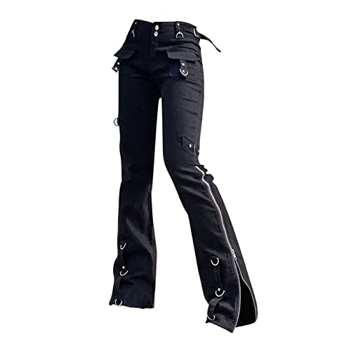 Hose Damen Schwarz Jeans Frauen Dark Goth Hosen Academia Vintage Streetwear Punk Gerade Casual Denim Hosen Cargo Hose Damen Olive (Black, S) von ACemt