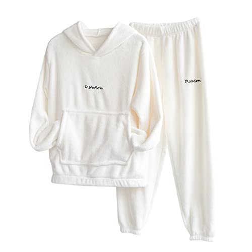 Pyjama Flauschig Damen und Herren süße Pyjama Sets Samt 2 Stück Nachtwäsche Anzug Hoodies Sweatshirt Jogginghose Solide Nachtwäsche Homewear Sets Damen Hosenanzug Festlich Hochzeit (White, One Size) von ACemt