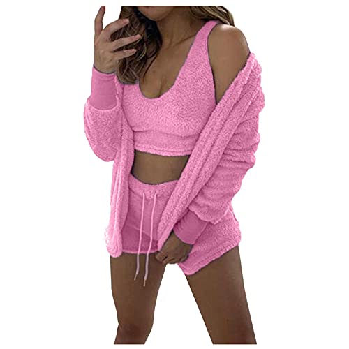 Schwarz Hose Frauen Winter Mode Warm DREI Stücke Anzug Weiche Warme Flanell Shorts Pyjama Set Nette Katze Bart Mit Kapuze Nachtwäsche Sets Valentin Sexy (Pink, M) von ACemt