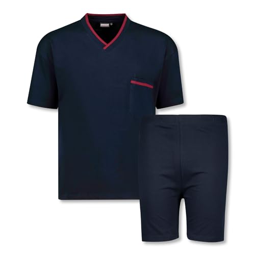 ADAMO Kurzes Herren Schlafanzug Set VS-Shorty 100% Baumwolle, Navy, Größe 4XL I Kurzer Pyjama Uni Hemd mit V-Ausschnitt & Kurze Hose mit Gesäßtasche von ADAMO