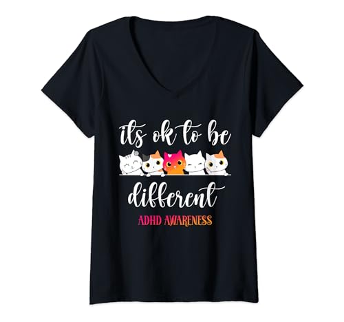 Damen ADHS Awareness Cat Its Ok to Be Different ASD Neurodiversity T-Shirt mit V-Ausschnitt von ADHD Awareness Cat It's Ok to Be Different Shirts