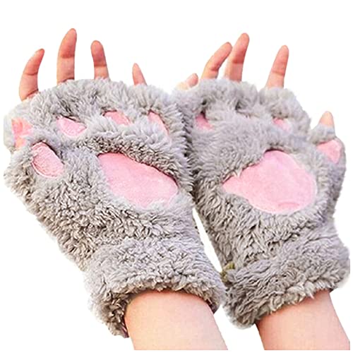 Halfter-Handschuhe Fingerlose Halbfinger-Katzen--Bären-warme Damen-Karikatur-nette Handschuhe Krallen-dicke Handschuhe Handschuhe Fleece-Pfoten-Handschuhe Handstulpen Schwarz Winter (Grey, One Size) von ADXFWORU