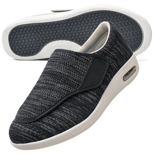 AEHO Herren Diabetiker ödeme Schuhe Hausschuhe Senioren Herren Klettverschluss Slip On Sneaker Herren Extra Weite Freizeitschuhe für Plantarfasziitis Fußschmerzen,BlackGrey,35 EU von AEHO