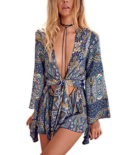 AELSON Damen Boho V Ausschnitt Print Romper Playsuit mit Lange Flare Ärmel - - Mittel AELSON Damen Boho V Ausschnitt Print Romper Playsuit mit Lange Flare Ärmel - - Mittel von AELSON