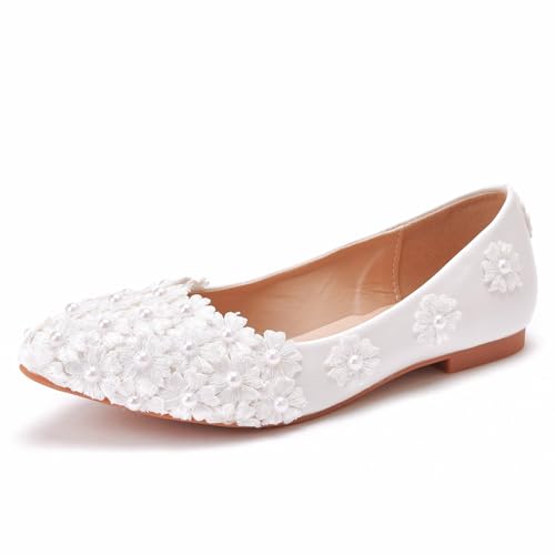 AERXHF Damen Brautschuhe, Bequeme Elegante weiße Spitzenblumen Ballerinas mit spitzer Zehenpartie Ballettschuhe, Hochzeit Party Abendkleid Braut Prinzessin Plus Size Schuhe, 39 EU,White von AERXHF