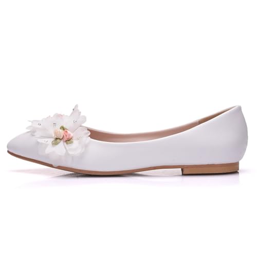 AERXHF Damen Brautschuhe, Bequeme Schlichte Chiffon-Blumen Spitze Ballerinas Ballerinas, Hochzeit Party Abendkleid Braut Prinzessin Plus Size Schuhe, 42 EU,White von AERXHF