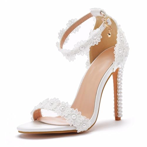 Damen Brautschuhe, 11 cm elegante Spitze-Blumen-Perlen-Peep-Toe-Stiletto-High-Heel-Sandalen, Braut, Hochzeit, Party, Abend, Alltag, Kleid, Büro, Sandalen, Pumps, 45 EU,White von AERXHF