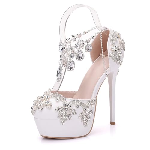 Damen Brautschuhe, 14 cm Elegante Strass-Knöchelriemen-Pumps mit runder Zehenpartie und Stiletto-Absatz, Braut, Hochzeit, Party, Abend, Büro, Arbeit, Alltag, Schuhe mit hohen Absätzen,34 EU,White von AERXHF