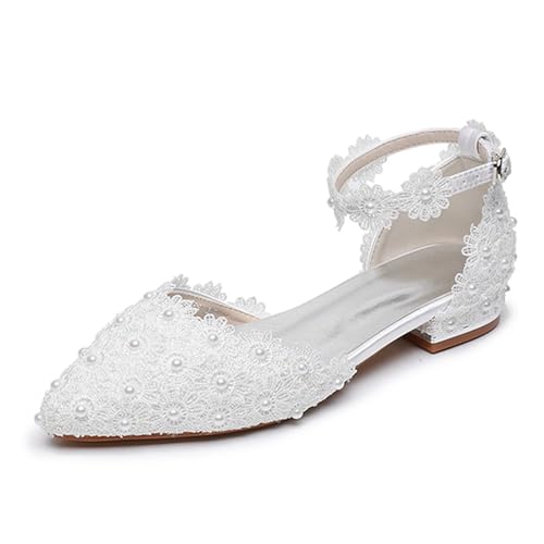 Damen Brautschuhe, 2 CM Spitze Perlen Blumen Prinzessin Sandalen, Hochzeit, Party, Geburtstag, Abend, Alltag, Büro, Brautpumps, 35 EU,White von AERXHF