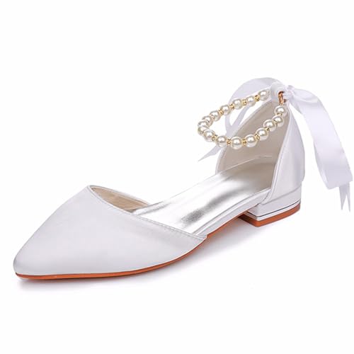 Damen Brautschuhe, 2 CM elegante Satin-Perlenband-Knöchelriemen-Prinzessin-Sandalen, Hochzeit, Party, Geburtstag, Abend, Alltag, Büro, Brautpumps, 35 EU,White von AERXHF