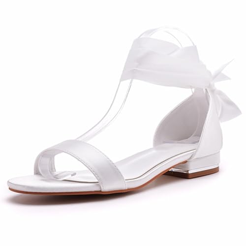 Damen Brautschuhe, 2 cm elegante Peep-Toe-Prinzessin-Sandalen mit Satinband zum Binden, Hochzeit, Party, Geburtstag, Abend, Alltag, Büro, Brautpumps, 35 EU,White von AERXHF