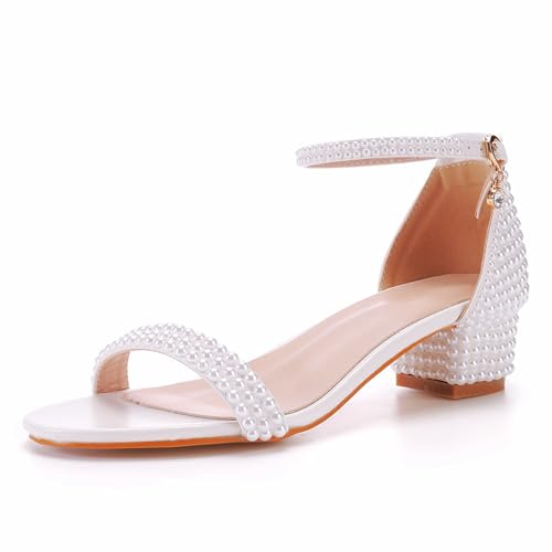 Damen Brautschuhe, 4 CM Temperament Perle Blockabsatz Peep Toe Prinzessin Sandalen, Hochzeit, Party, Geburtstag, Abend, Alltag, Büro, Brautpumps, 43 EU,White von AERXHF